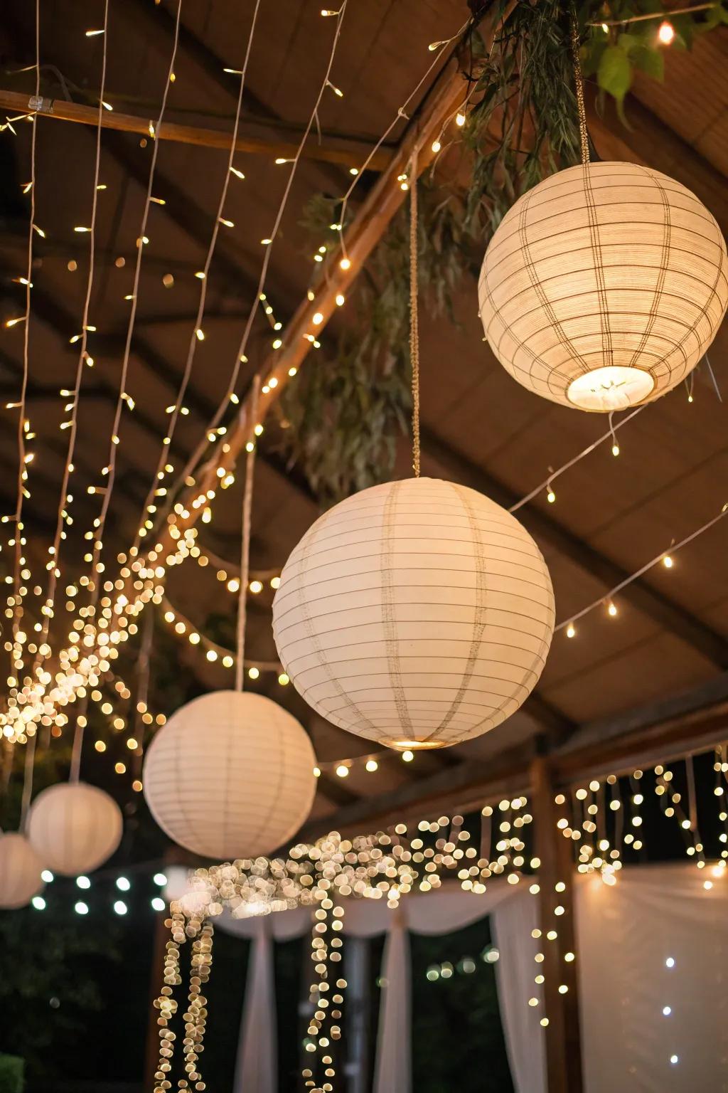 Suspend paper lanterns alongside twinkle lights on the ceiling to generate an enchanting atmosphere.