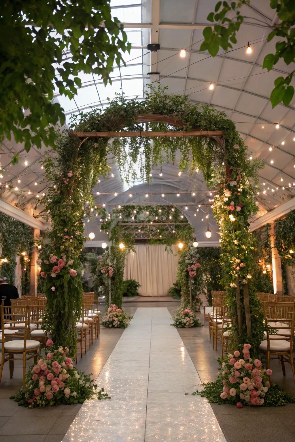 Vegetation paired with shimmering lights produces a captivating atmosphere.