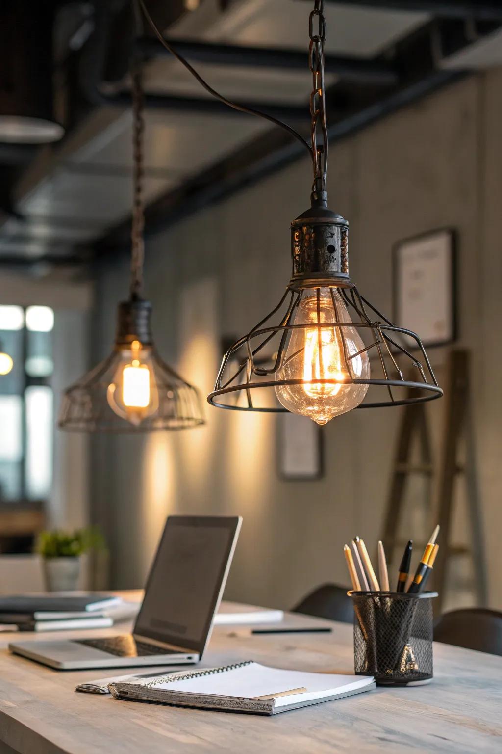 Industrial lighting with exposed bulbs elevates the workspace atmosphere.