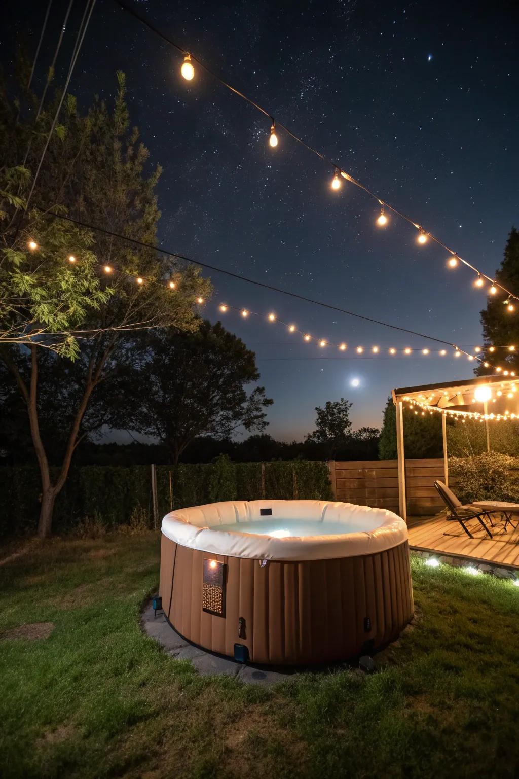 Strand lights infuse a captivating glow into this inflatable hydro-haven space.