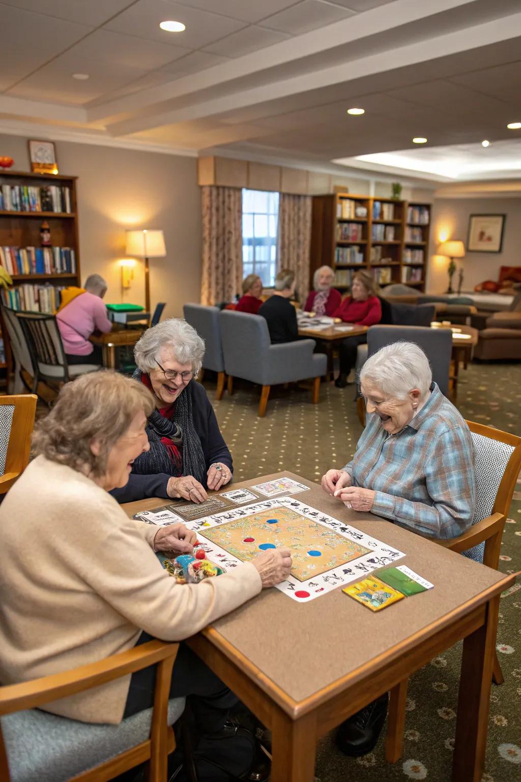 Dedicated game zones that encourage socializing and mental engagement.