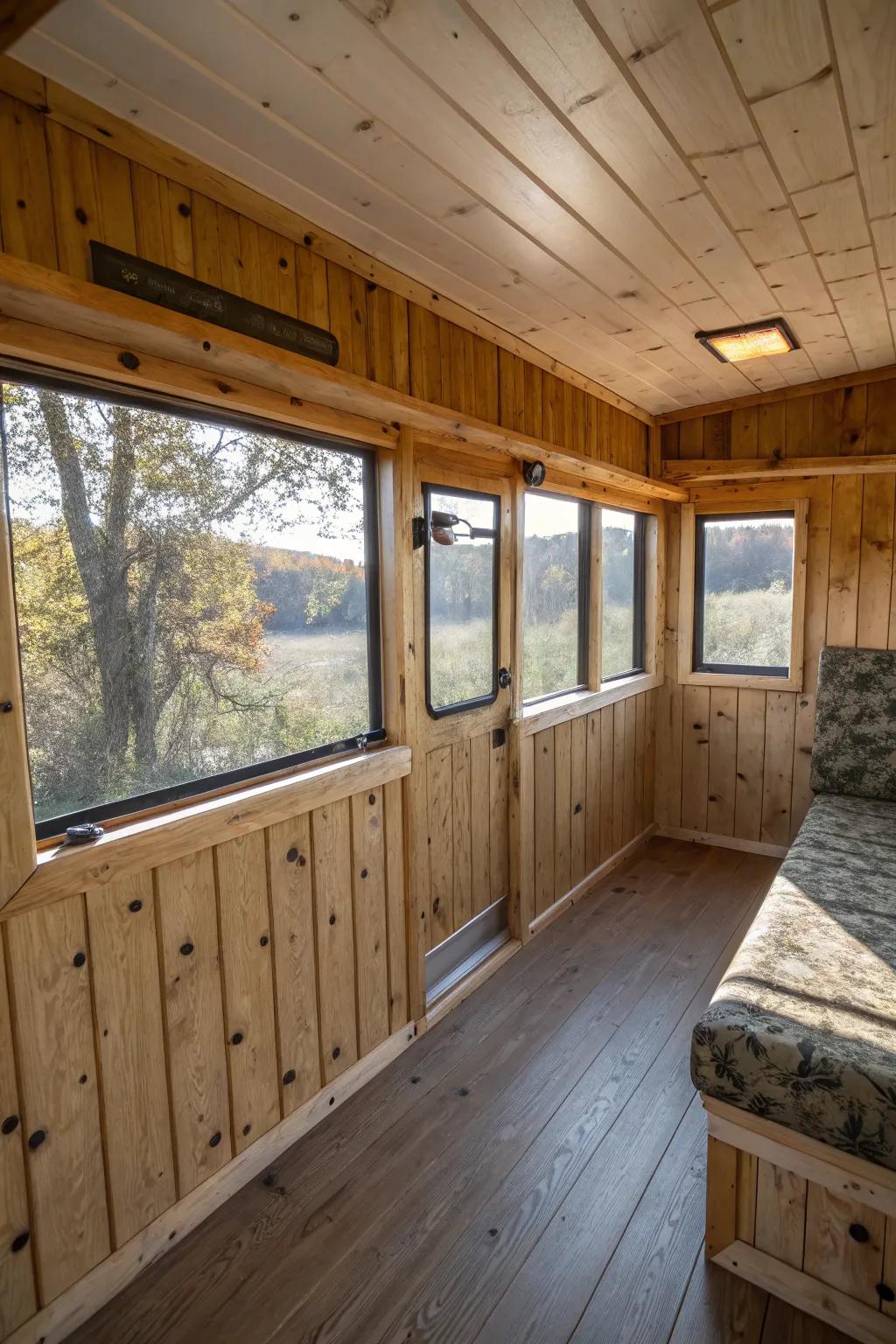 Timber paneling enriches shielding qualities and introduces countryside aesthetics.