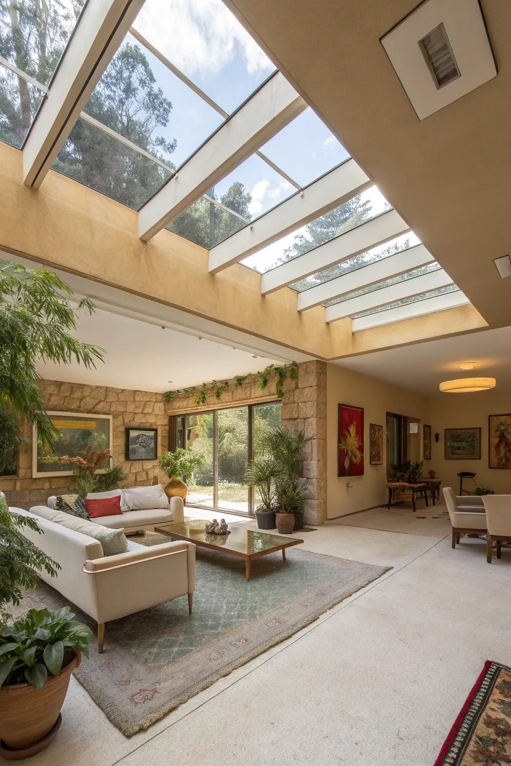 Overhead windows usher the splendor of daylight into below-ground living zones.