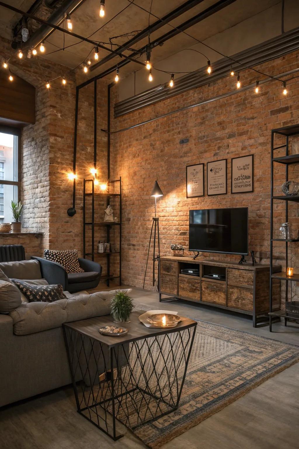 An industrial-style living area blending brick walls with modern decor for a stylish, city-inspired impression.