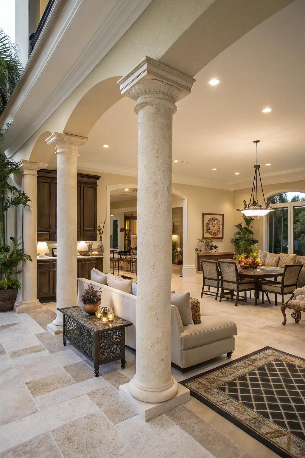 Columns artfully partitioning open-concept areas.