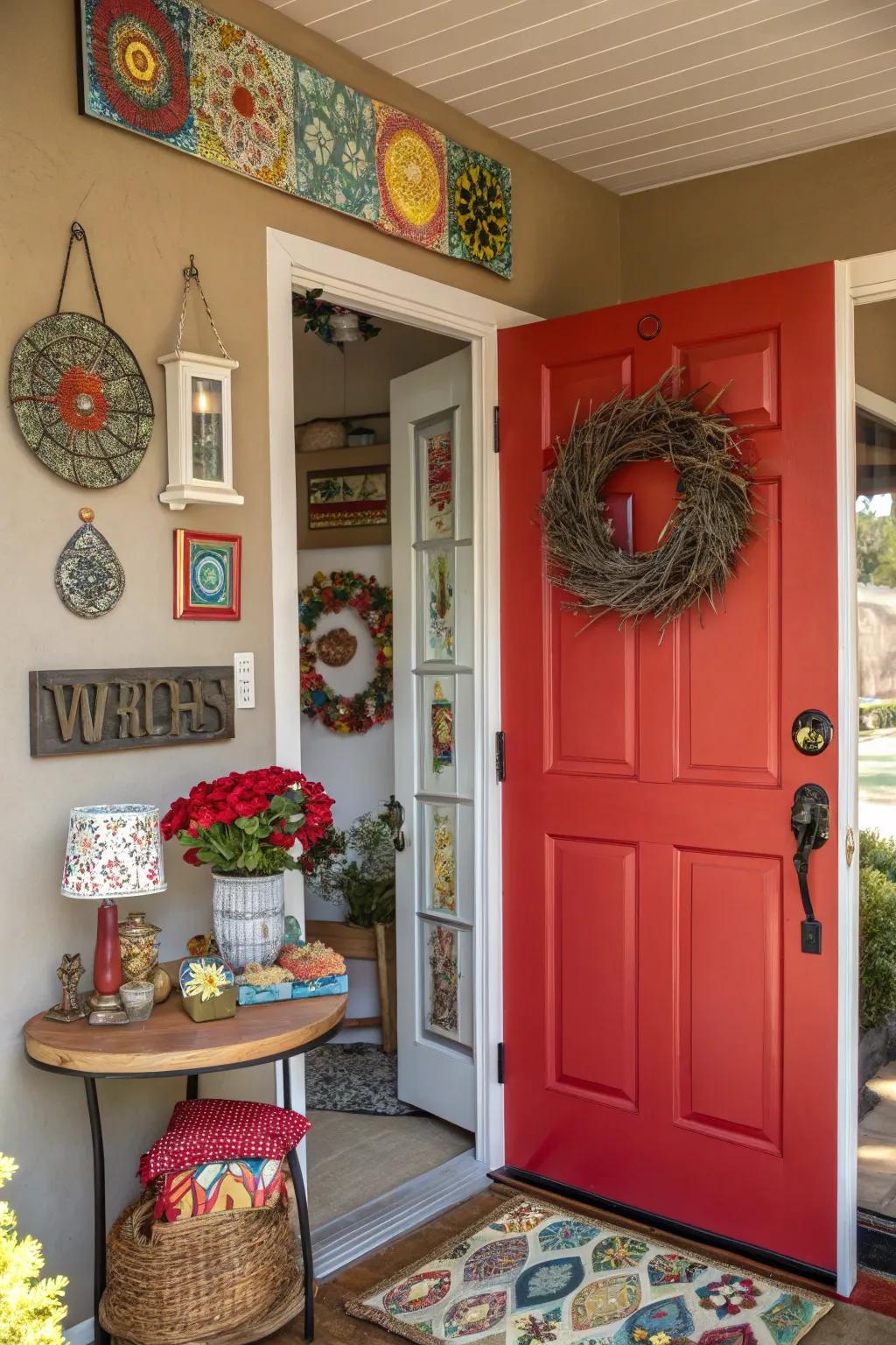 A bold ruby entrance making a vibrant statement in the entryway.