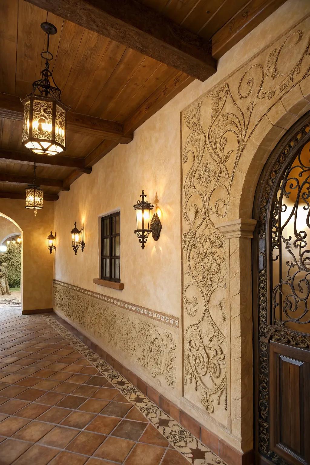 Plastered walls with texture introduce dimension and uniqueness to the space.