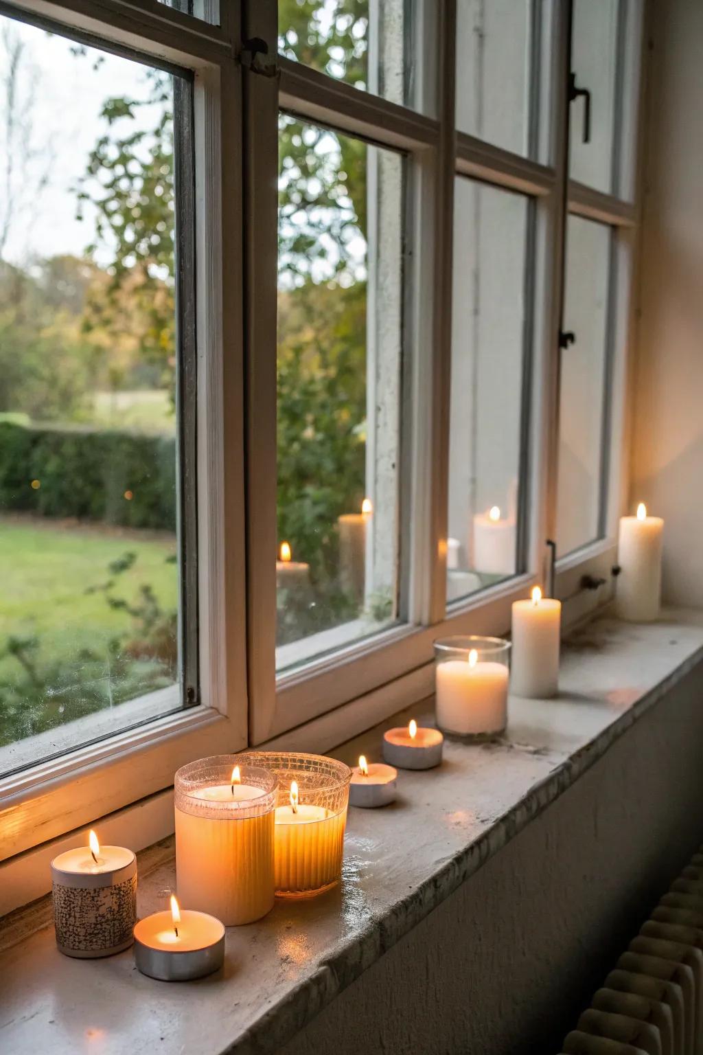 Candles cast a warm, inviting glow on a beautifully styled window sill.