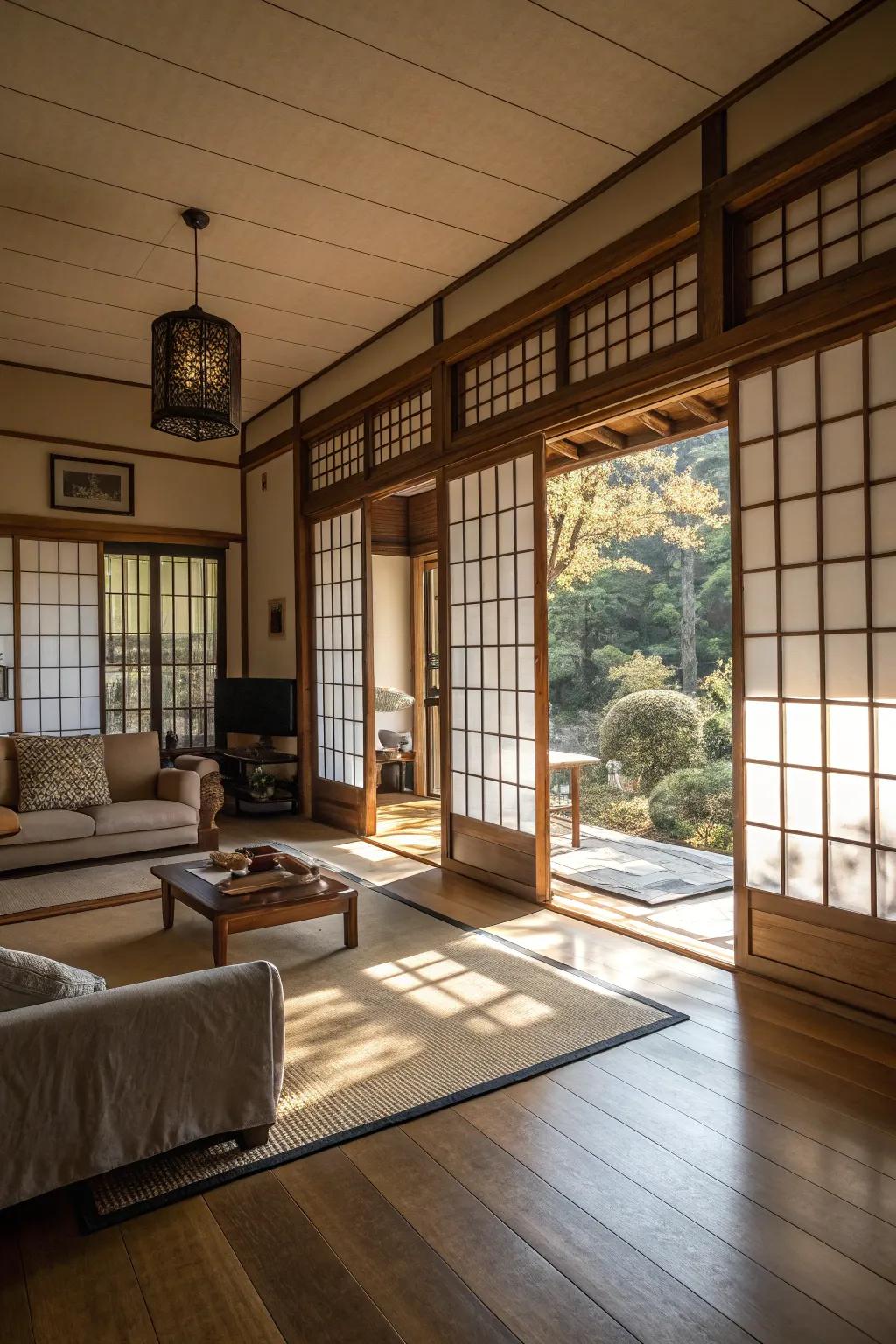 Rice paper screens provide refinement and practicality by softening natural light.