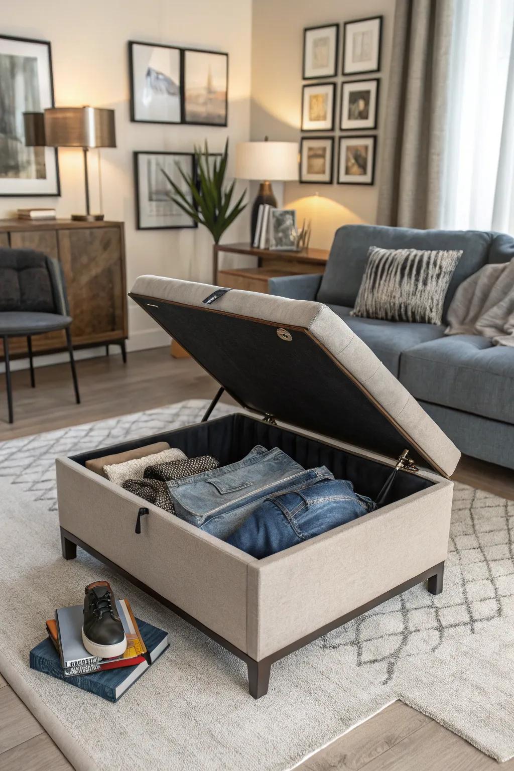 Combine style and function with a storage ottoman for your jeans.