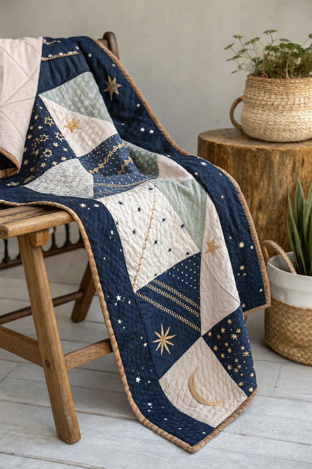 Wrap yourself in the magic of a night sky with this exquisite quilt design.