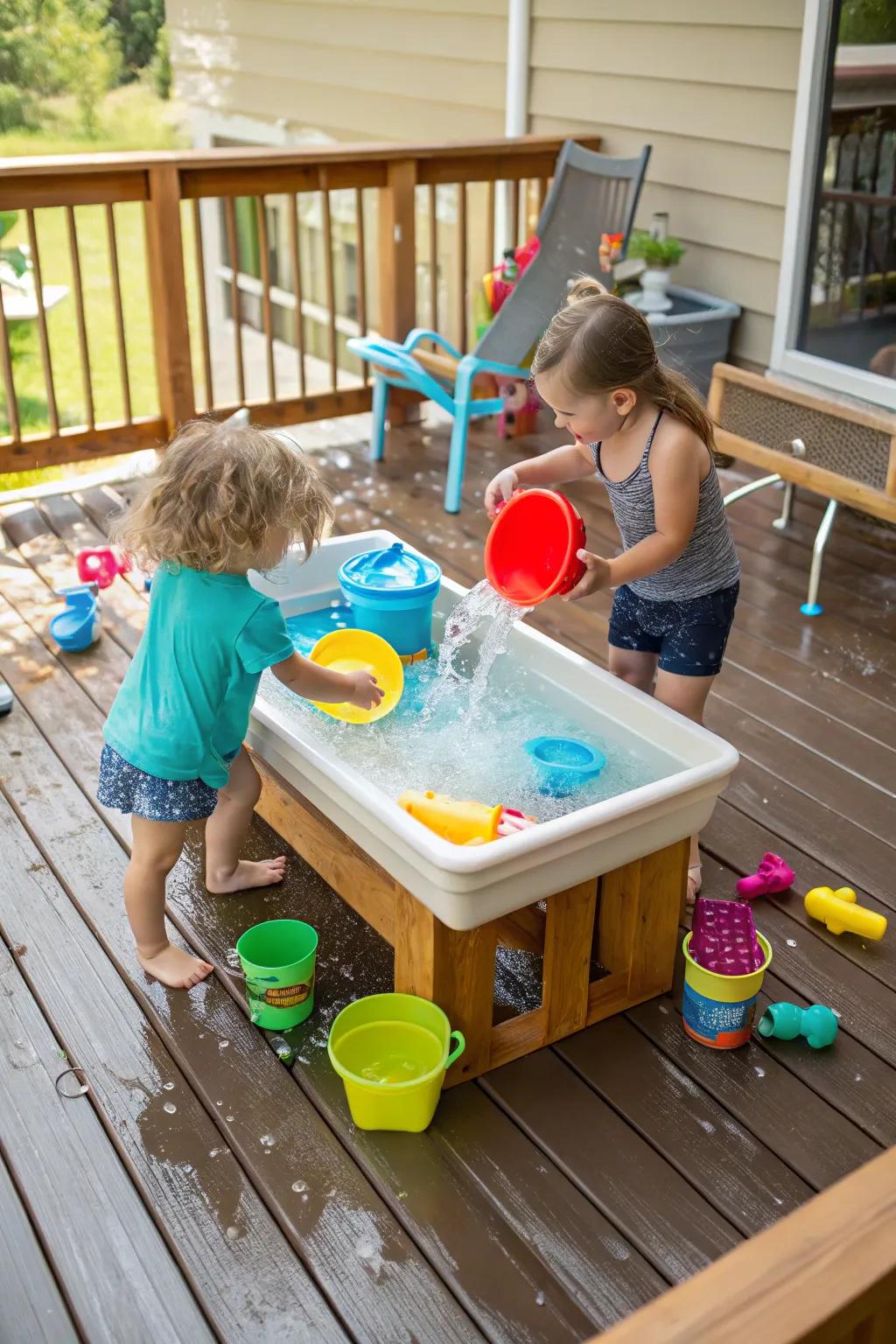 A deck with a water play table where children are happily splashing, surrounded by water toys.