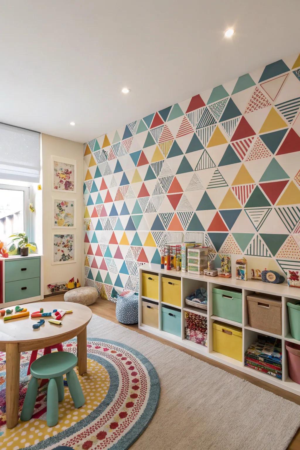 A playroom showcasing symmetrical-patterned wall decor which introduces a dash of contemporary appeal.