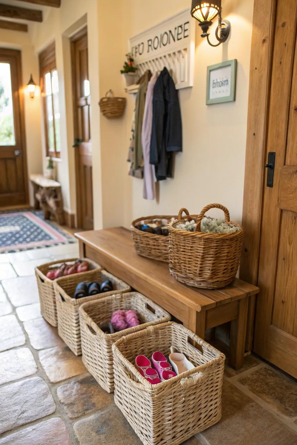Keep shoes in order with labeled bins and baskets.