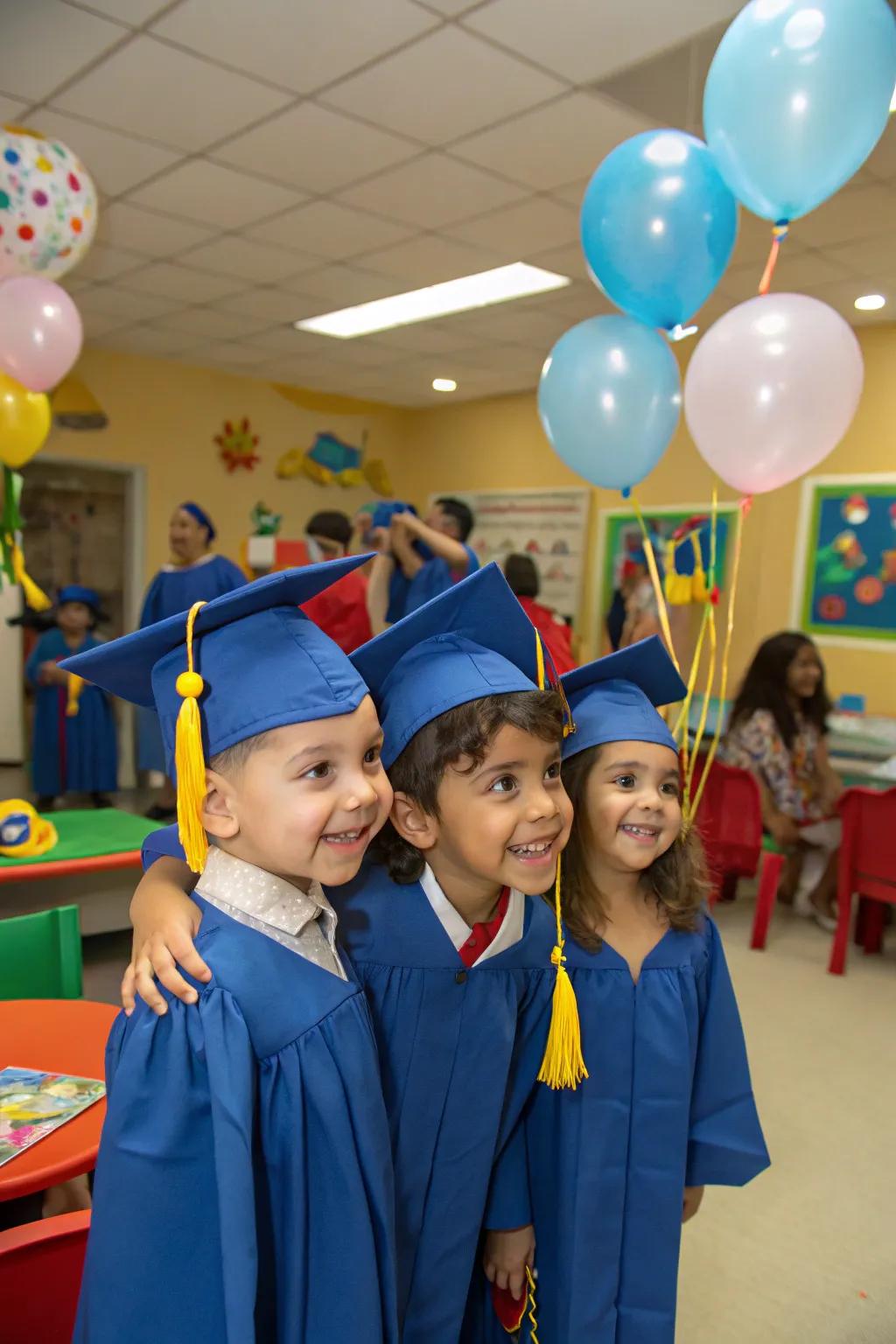 Adorable miniature caps and gowns making the graduates look especially charming.