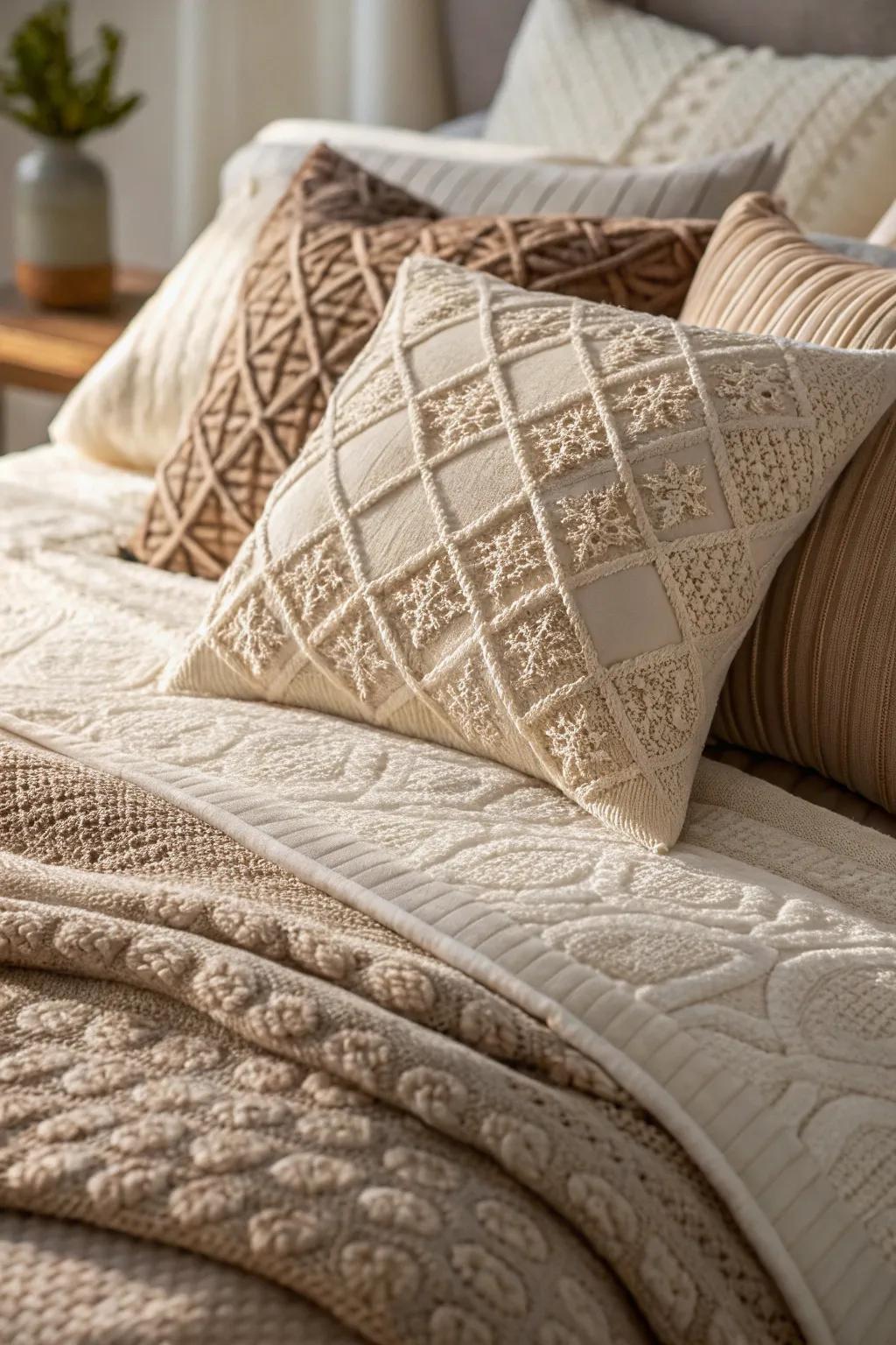 Textured fabrics elevate the tactile experience.