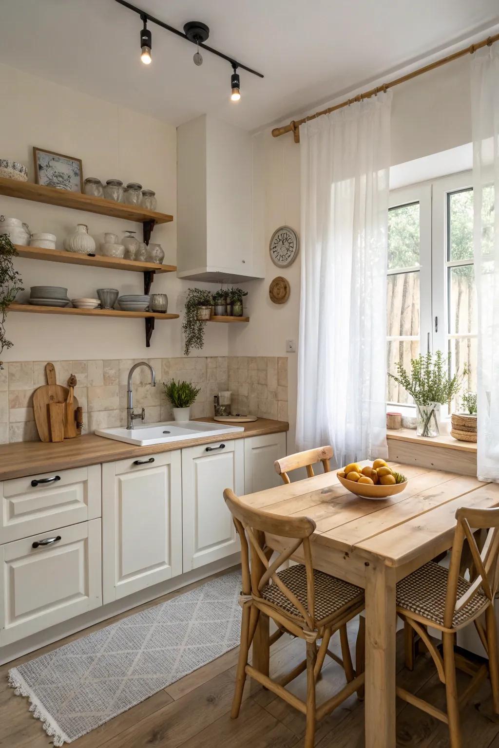 Pale tones can create an illusion of spaciousness in a compact kitchen.