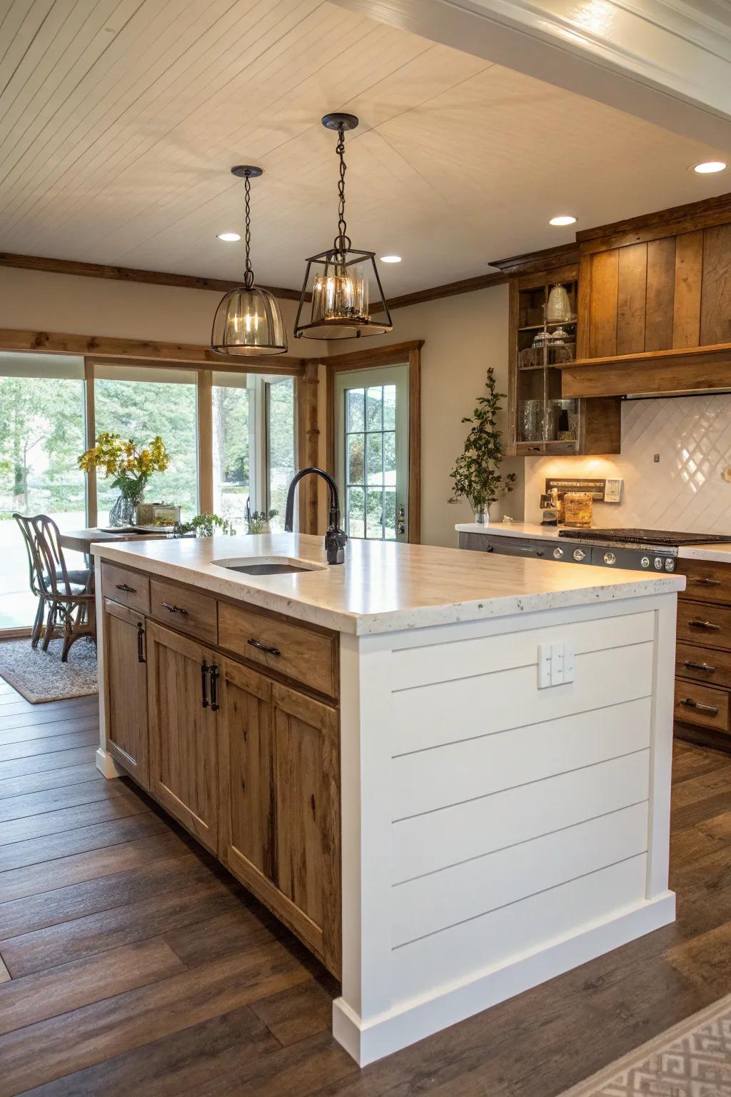 Traditional beadboard paneling provides a farmhouse allure to this cooking island, radiating coziness and comfort.