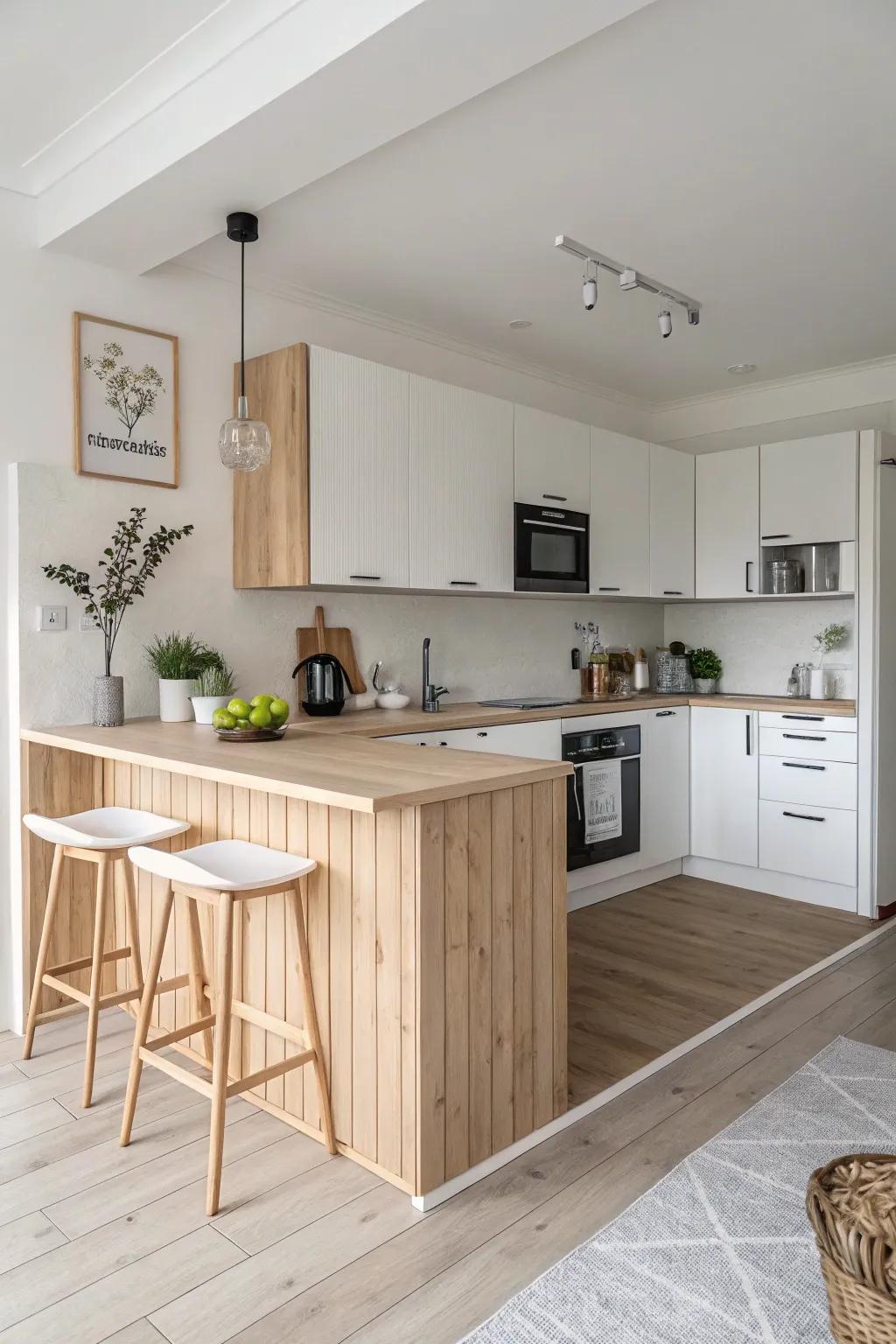 A Scandinavian-inspired peninsula creating a serene kitchen environment.