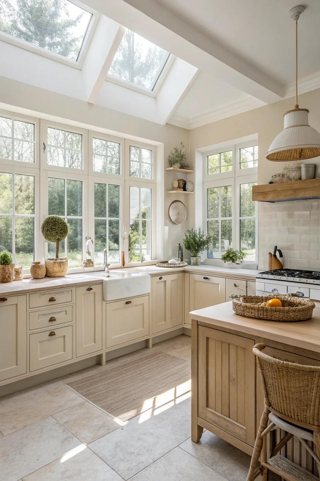 A bright kitchen featuring a subtle color scheme for a revitalizing atmosphere.