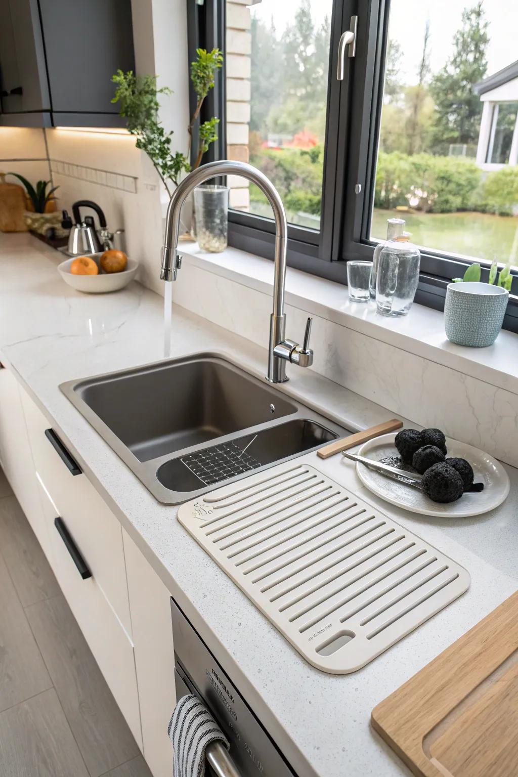 A modern kitchen with an integrated draining board for added convenience.