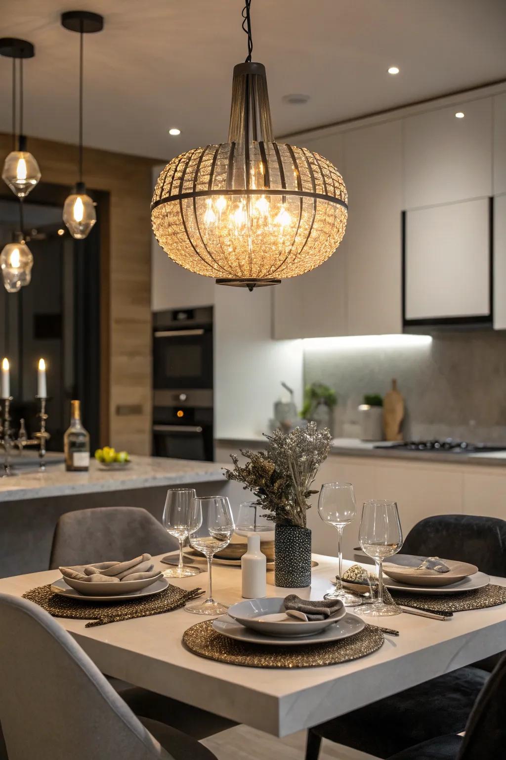 Dramatic lighting introduces elegance and flair to the eating area.