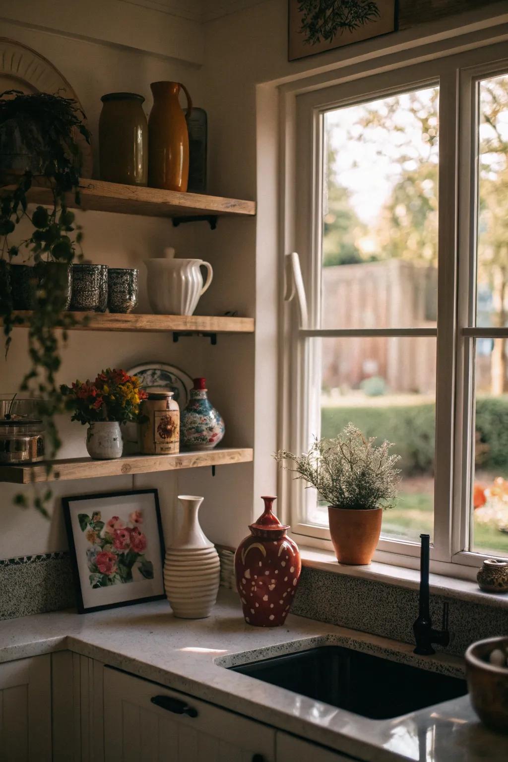 Decorative vases and art pieces arranged on kitchen window shelves, creating a captivating focal point.
