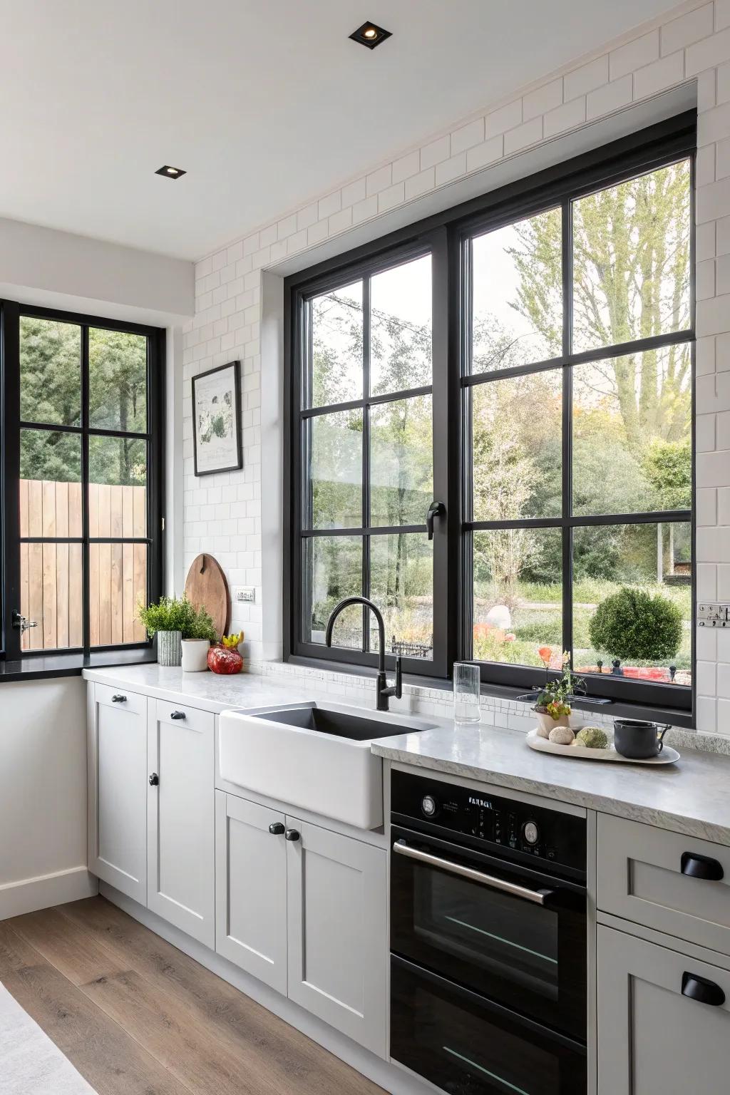 A contemporary culinary space exhibiting sleek windows bordered in black.