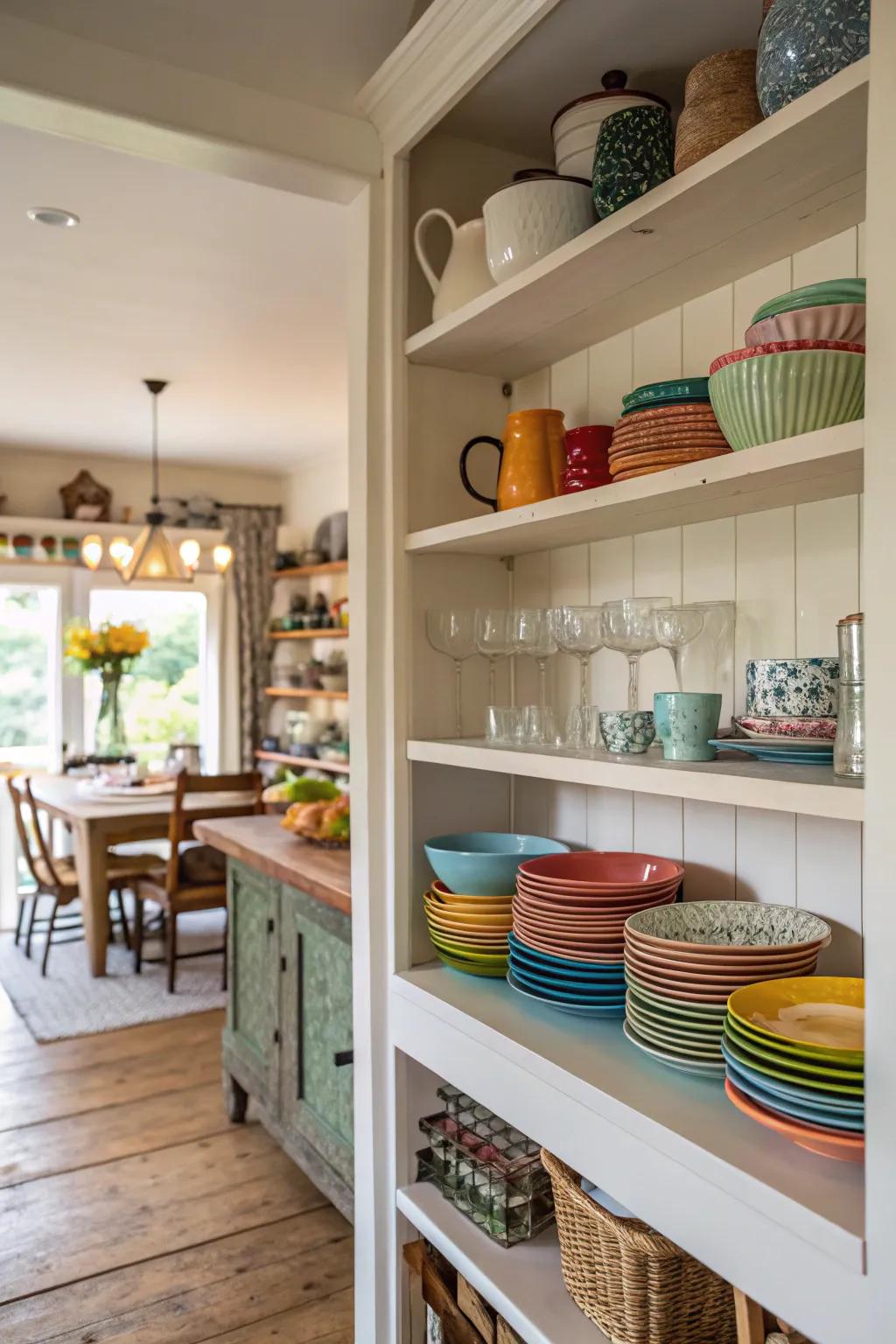 In a kitchen without windows, uncovered shelves add a sense of airiness.