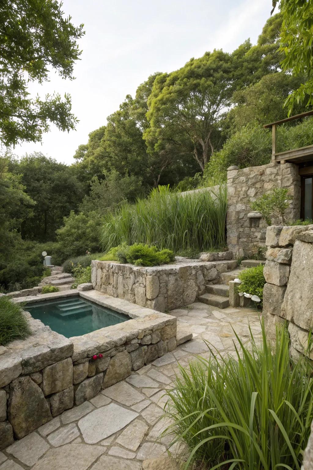 Rock and stone accents offer an organic, sturdy means to conceal pool equipment.