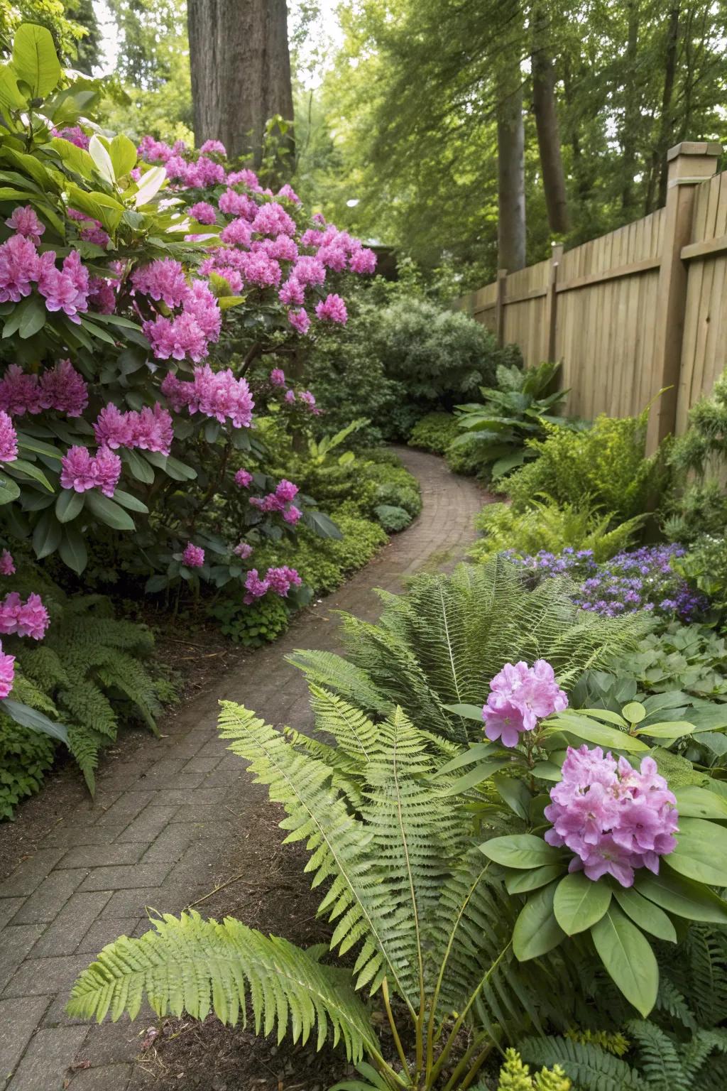 Rhododendrons intermingled with diverse flora for an abundant, layered garden.