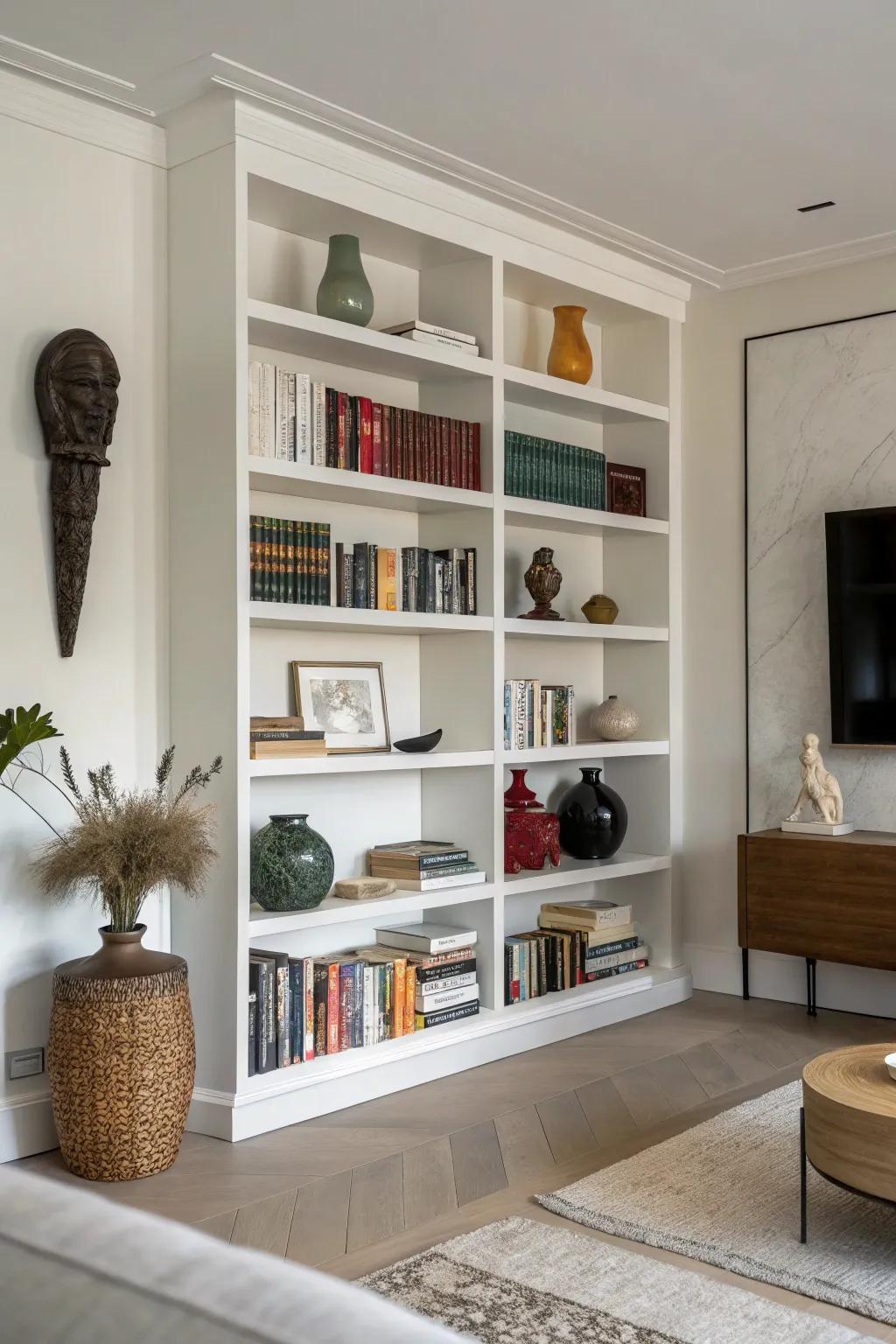 Mixing books with decorative items creates an engaging and personalized display.