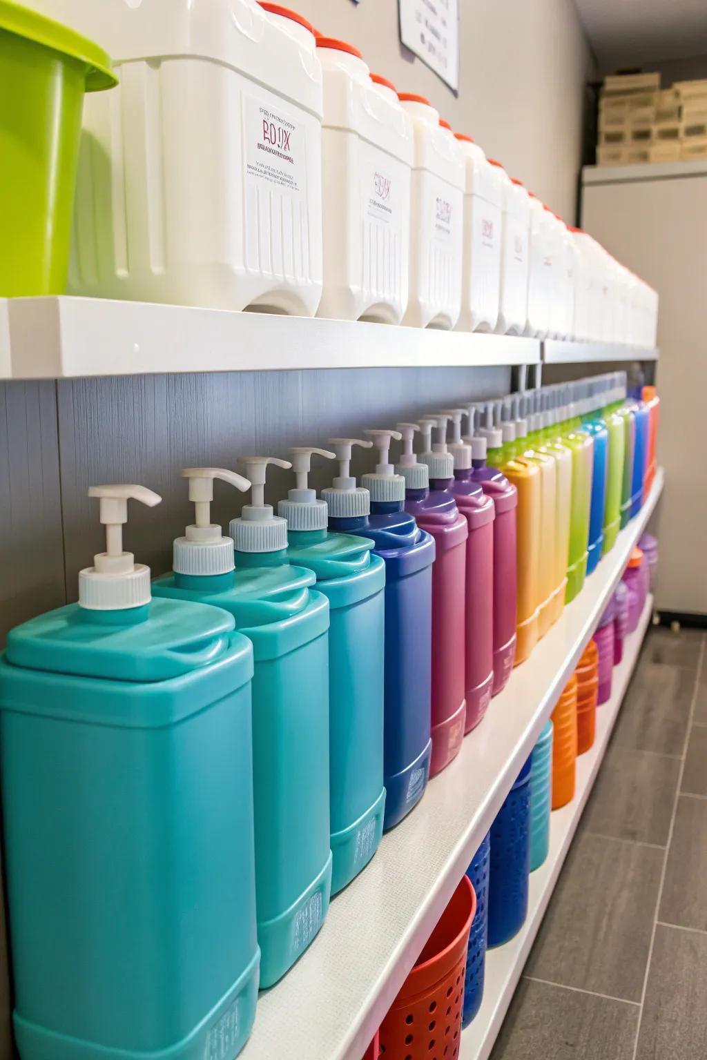 Coordinated dispensers create a harmonious laundry space.