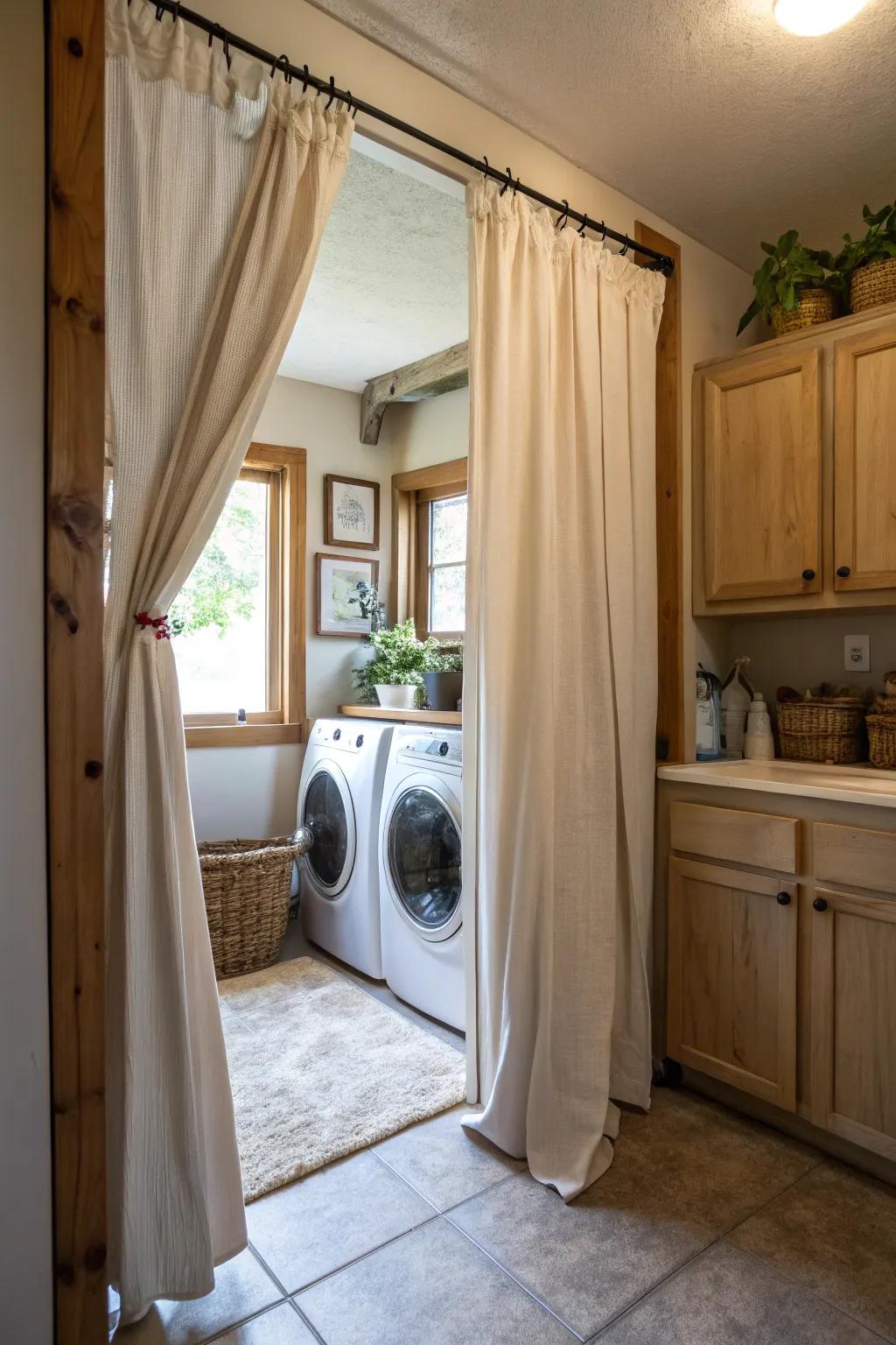 Curtains provide a gentle substitute for conventional cabinet doors.