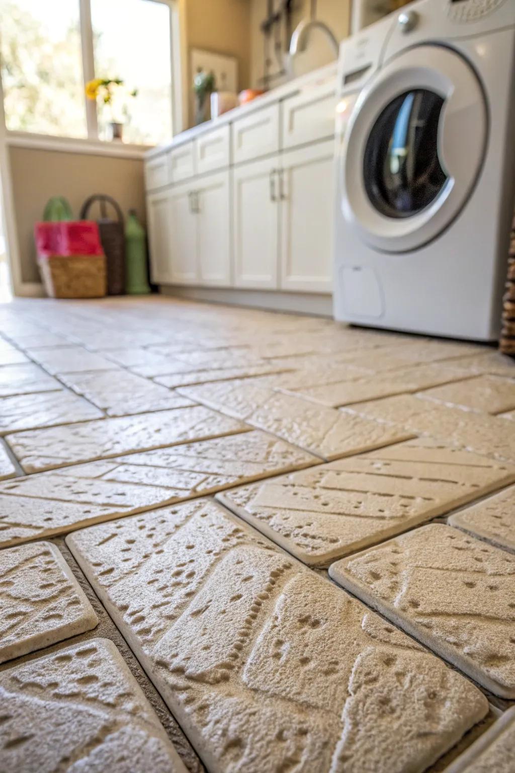 Textured floors give depth and individuality to this laundry space.