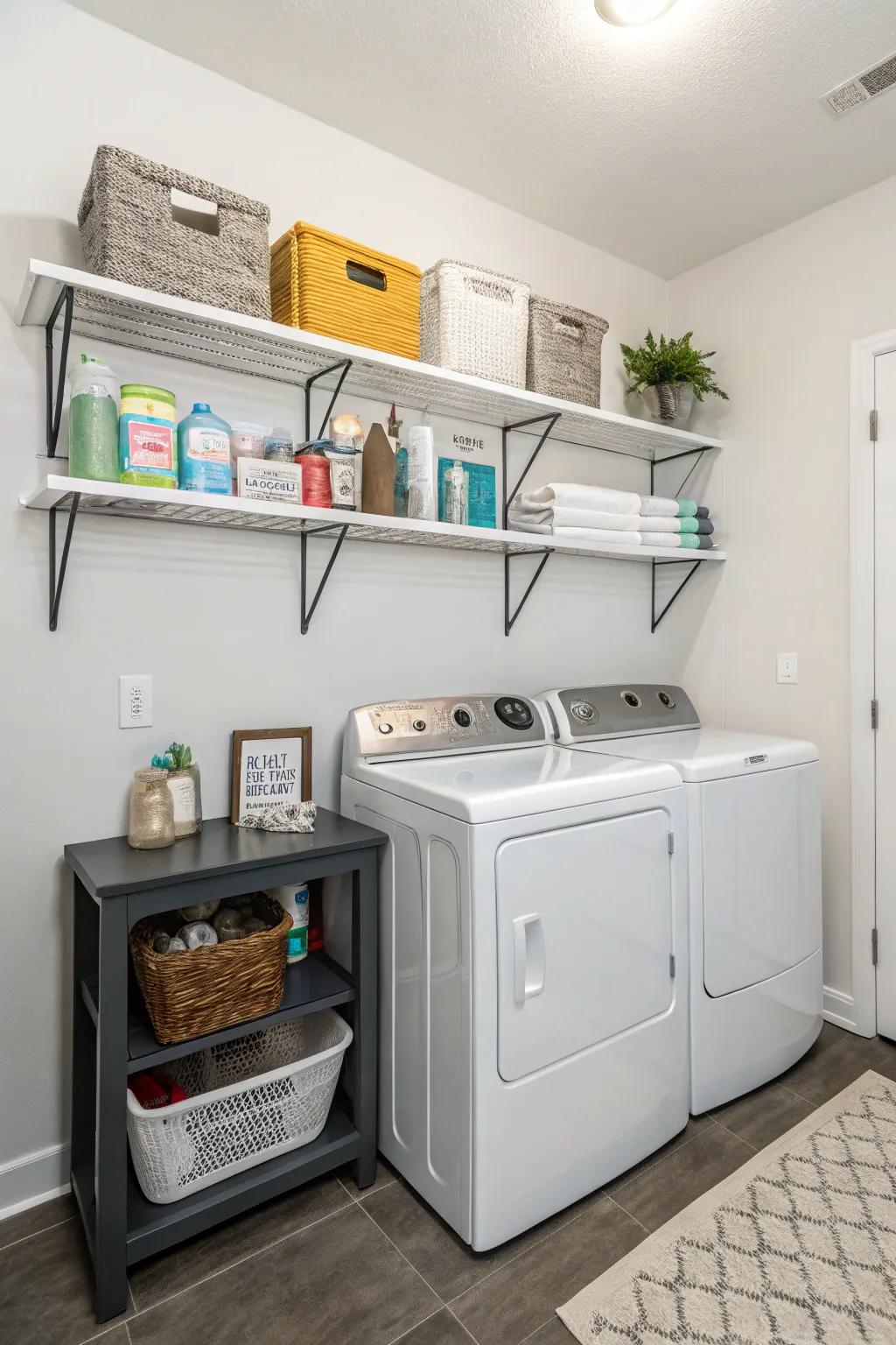 Wall-mounted shelves ensure your essentials are always within reach.