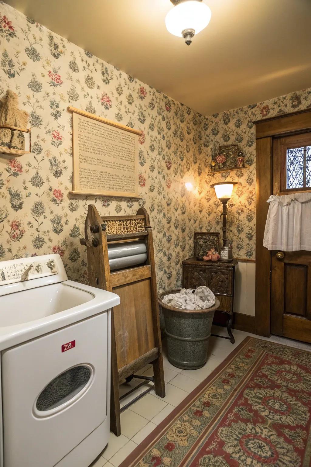 Vintage wallpaper brings timeless charm to your laundry space.