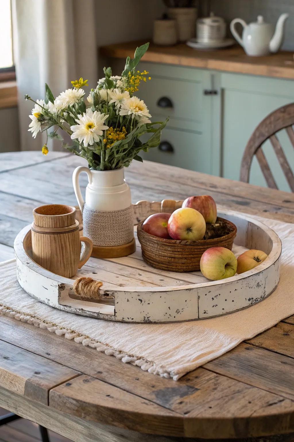 A countryside wood rotating tray ideal for a farmhouse appearance.
