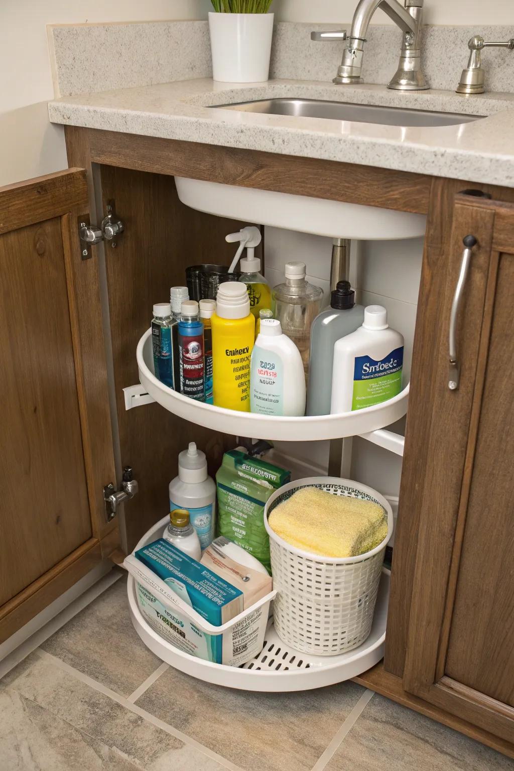 Simplify cleaning tasks with a spinning organizer for supplies.