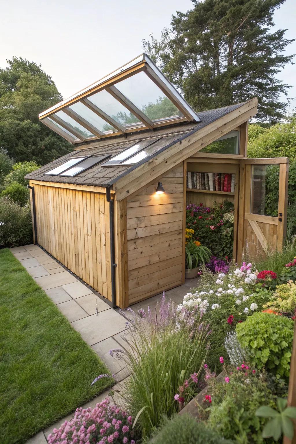 A lean-to shed featuring skylights that conjure a celestial ambiance.