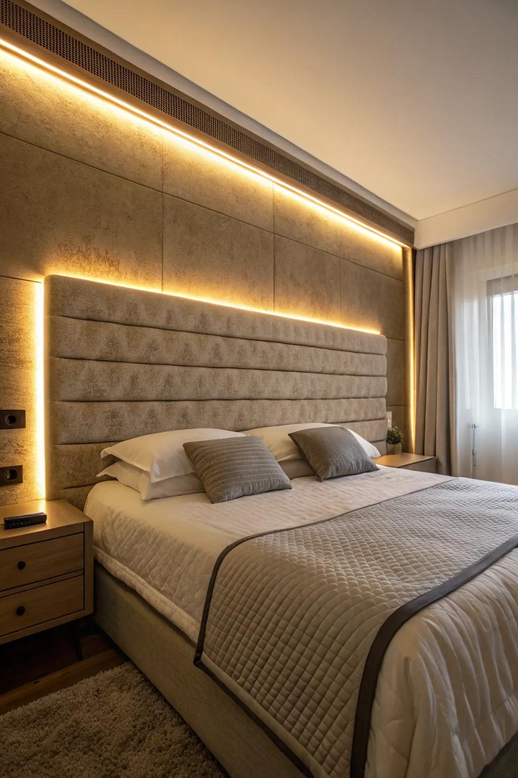 A dramatic impression is created by a headboard that is illuminated by luminous diodes bars.