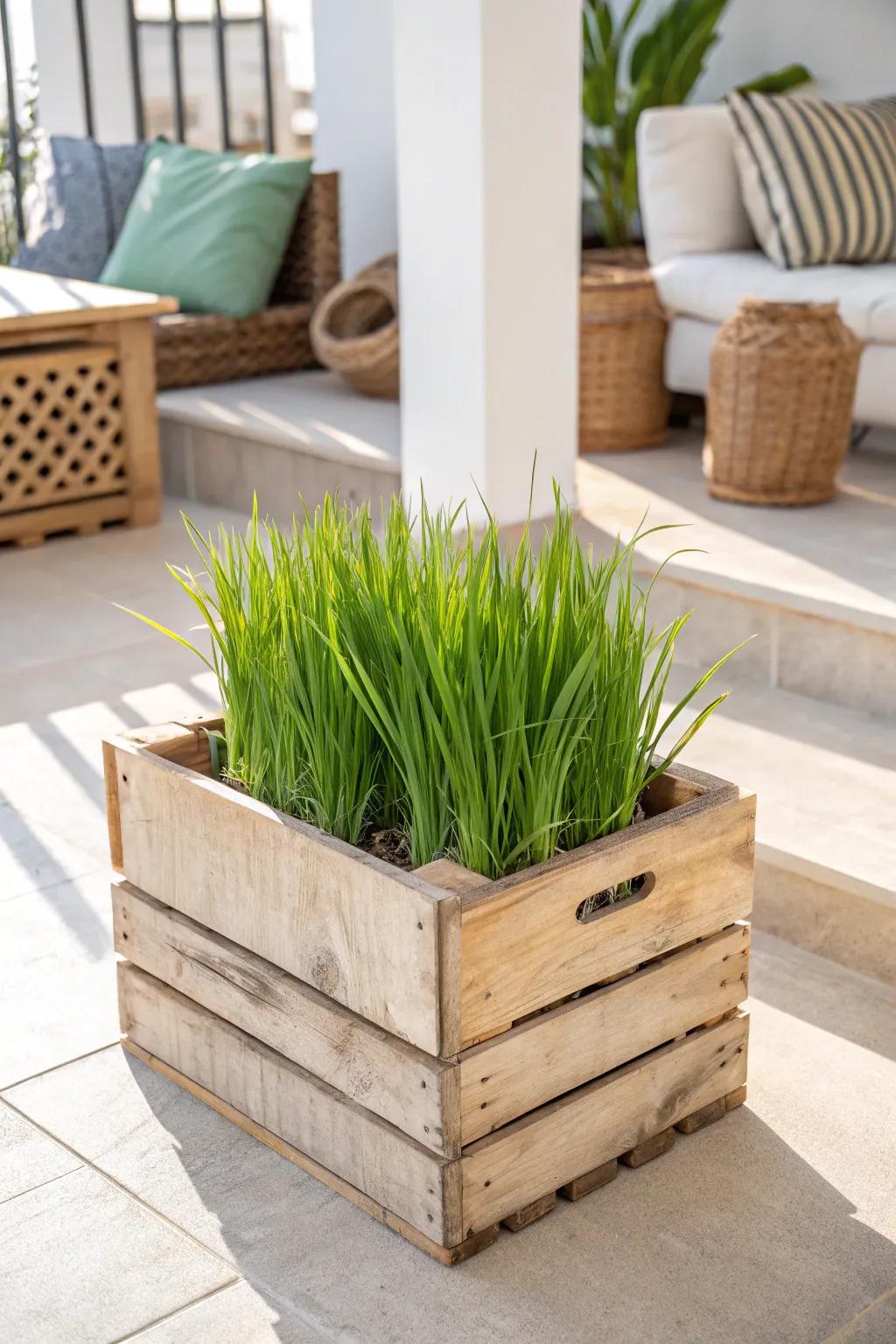 Enhance your outdoor area with the rustic allure of a wooden box planter, seamlessly blending Scandinavian style with cozy boho accents.