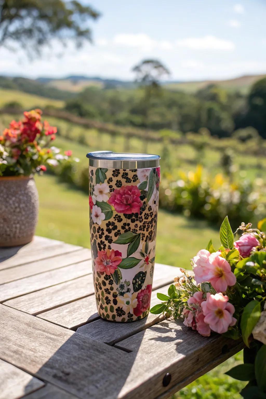 Leopard print meets floral sophistication in this gorgeous cup design.