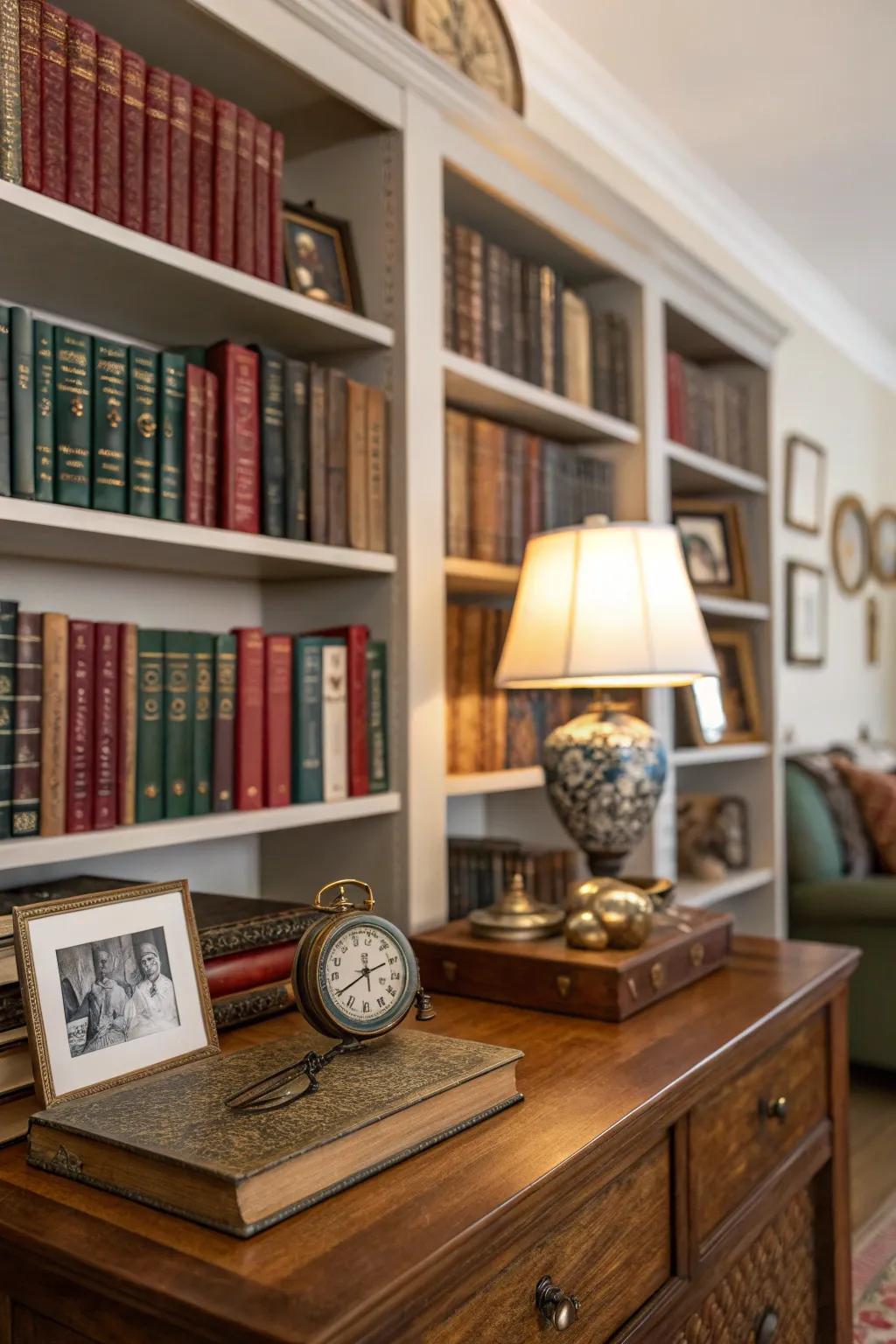 Shelving overflowing with personal keepsakes and family heirlooms.