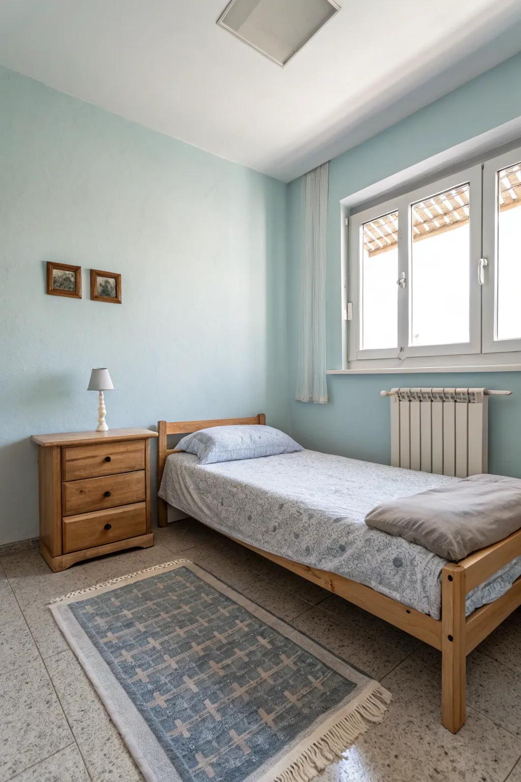 A minimalist bedroom featuring light blue walls paired with neutral furniture.
