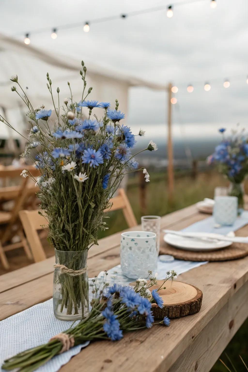 Down-to-earth appeal featuring dainty soft azure field flowers.