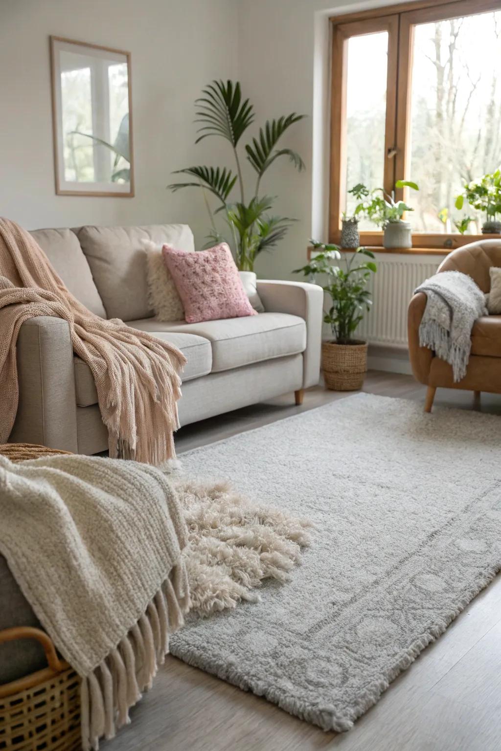 An inviting living room with light grey flooring and soft textures.