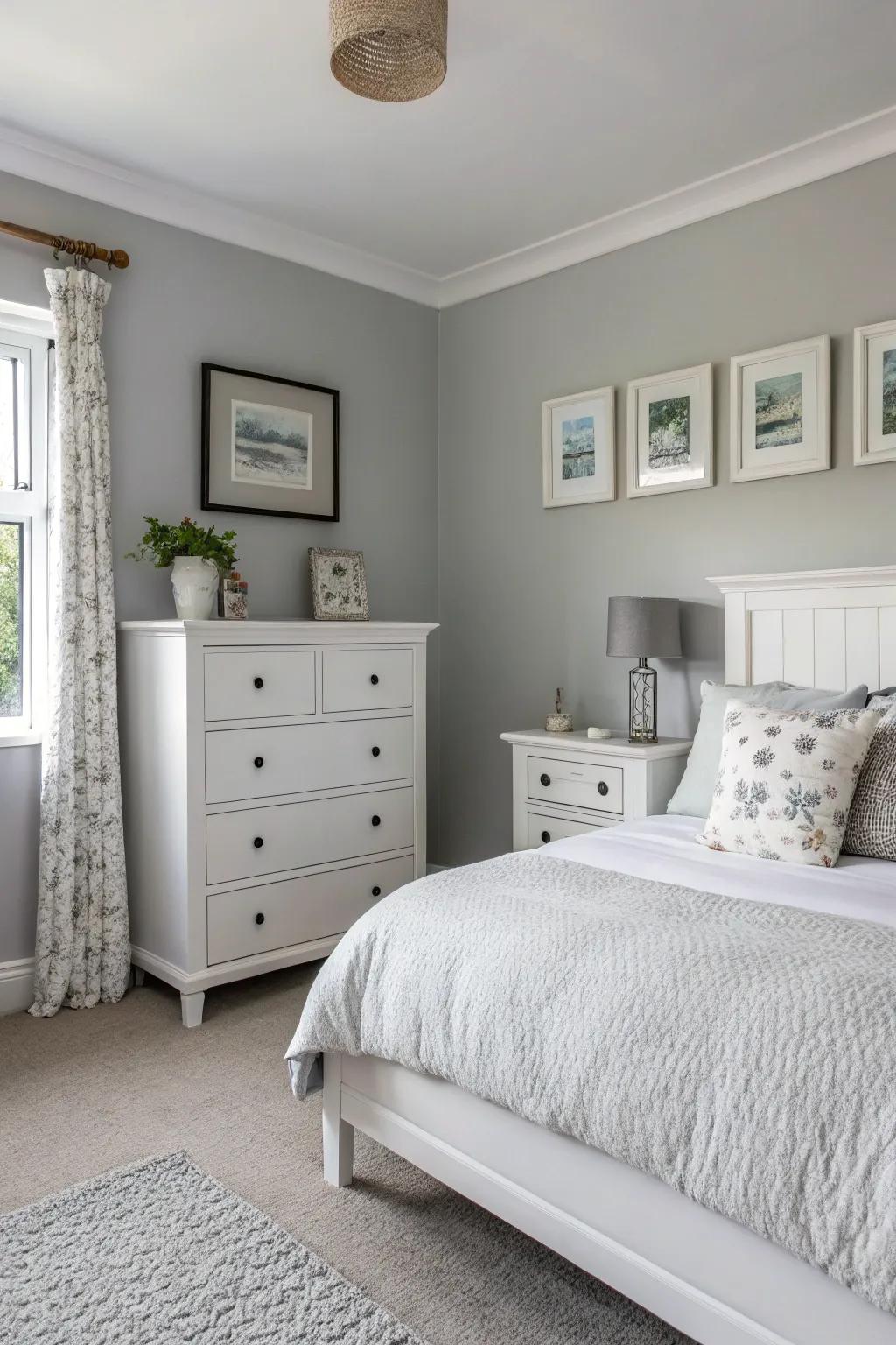 White accent furniture complements light grey walls.