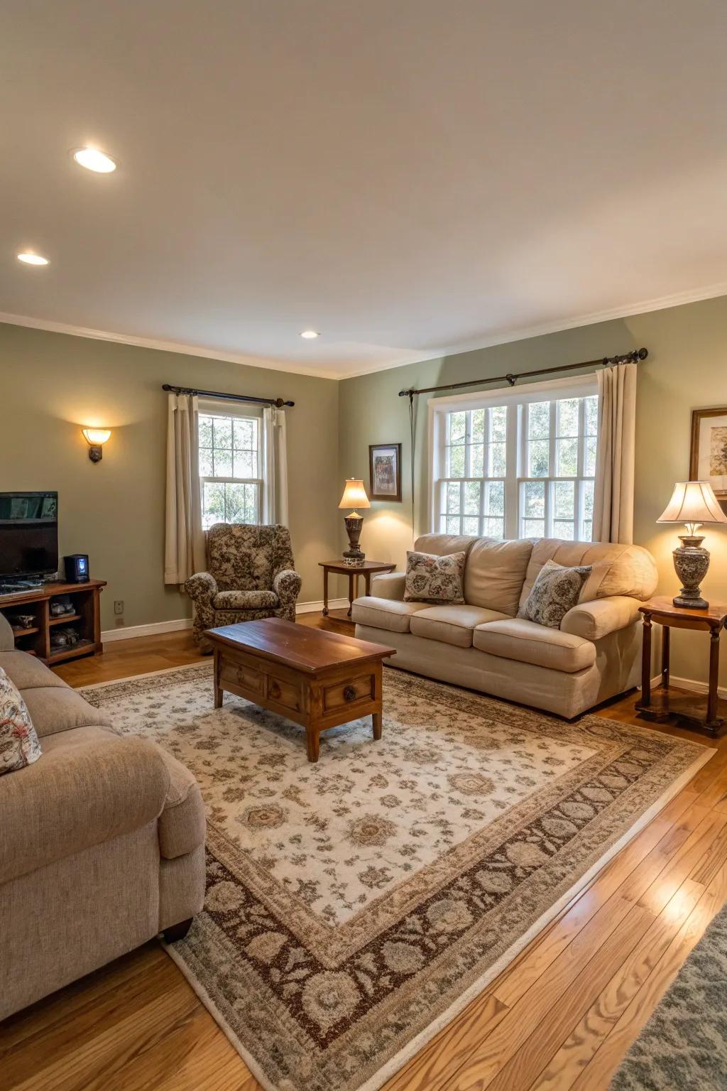A living room featuring a cozy rug that adds warmth and texture to the light wood floors.