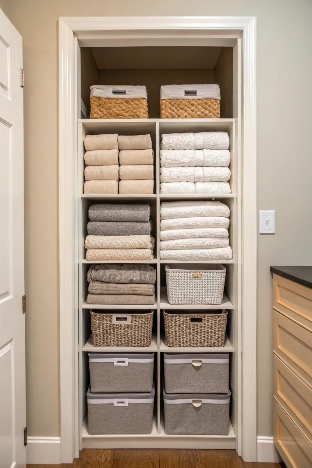 Harnessing vertical reach maximizes storage inside a linen closet.